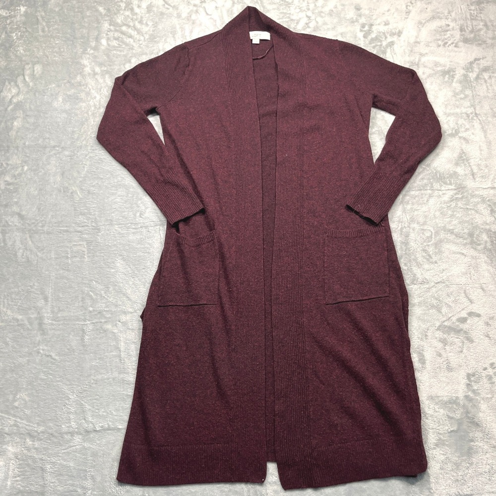 Loft Cardigan Women Burgundy Wool Blend Open Front Duster Pockets Longline Small